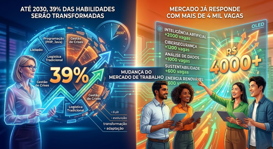 39% das habilidades exigidas hoje serão transformadas até 2030, e o mercado já responde com mais de 4 mil vagas nas áreas em alta